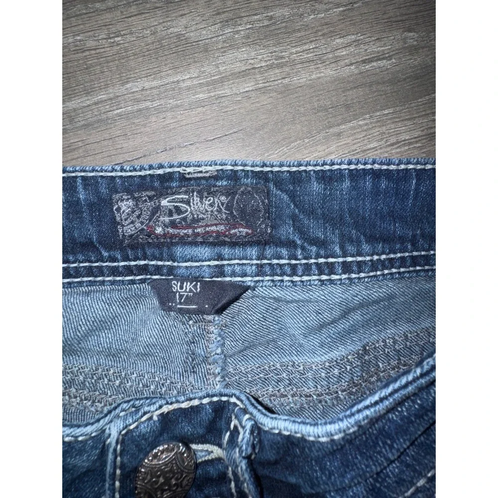 Silver Jeans Co Suki Mid Rise Bootcut Dark Wash Contrast Stitch Jeans 27 x 31.5